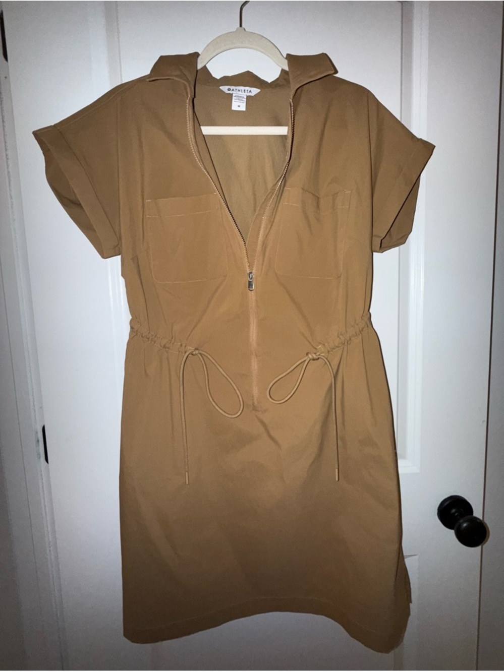 Athleta | Topspin Dress | Pyrite / Tan / Brown Drawstring Dress | Size Medium